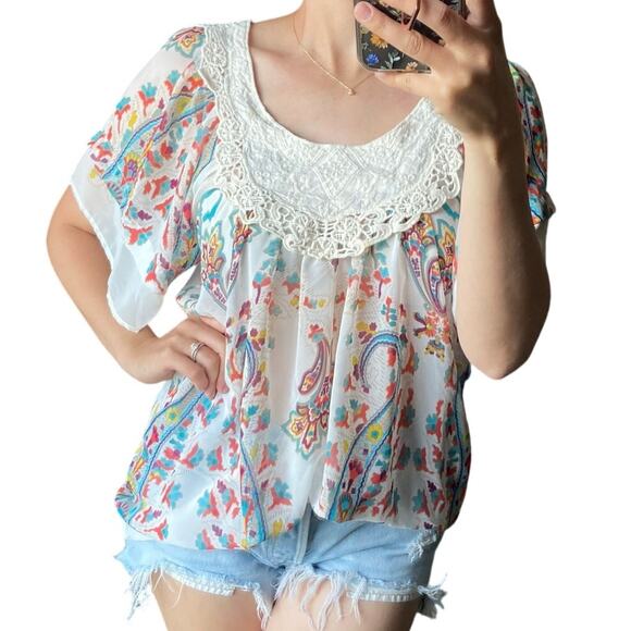Windsor M Multicolor Boho Paisley Floral Crochet Lace Short Sleeve Chiffon Top - Picture 1 of 7